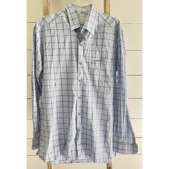 Ermenegildo Zegna Shirt Mens Long Sleeve Button Up Blue Tan Windowpane Size L - Picture 1 of 9